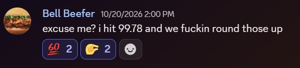 The Commissioner (who is doing a great job) wholeheartedly agrees that if you hit 99.78pts that you actually deserve 100 points and we fuckin round those up